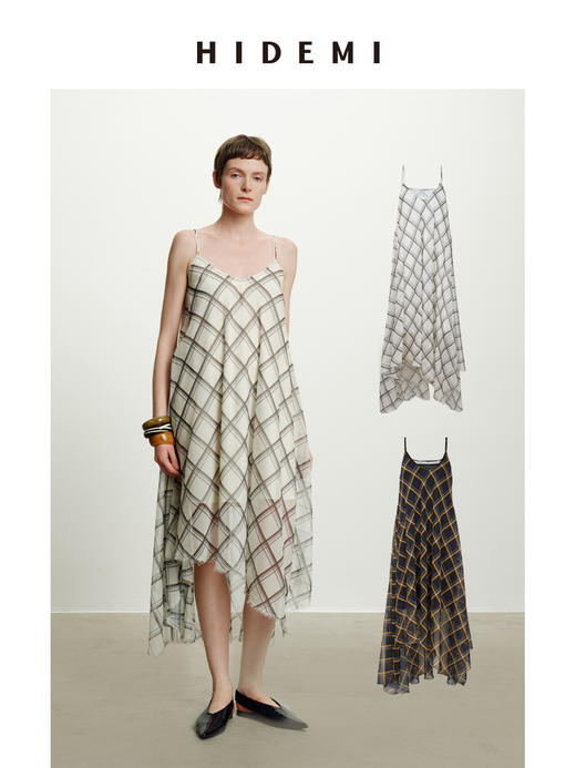 HIDEMI “我们做印花”原创手绘格纹清透薄纱缎设计感两件式防走光吊带连衣裙 商品图0