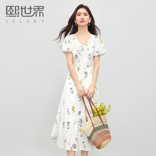 【专属特价】熙世界法式植物碎花连衣裙女夏天2025新款收腰显瘦鱼尾摆V领裙子 商品图0