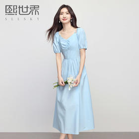 【专属特价】熙世界蓝色一字领吊带连衣裙女夏季新款温柔气质泡泡袖法式茶歇裙