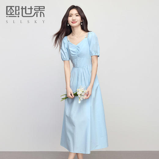 【专属特价】熙世界蓝色一字领吊带连衣裙女夏季新款温柔气质泡泡袖法式茶歇裙 商品图0