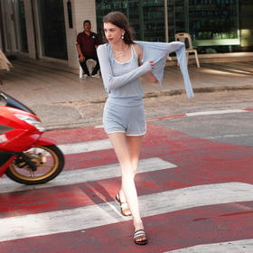 lost in echo2025夏季新款轻薄透气针织开衫工字背心吊带短裤套装