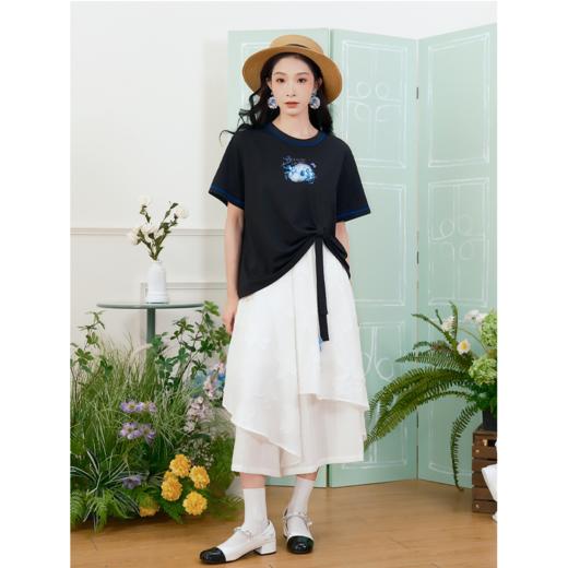 两三事梦葵独白梵高文艺2025夏新款向日葵印花扭结下摆短袖t恤女 商品图0