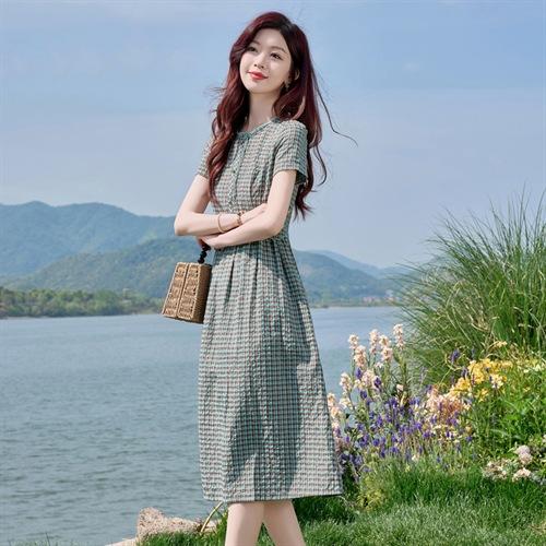 HR SYY2708蕾丝镶边秀气中长款格子连衣裙田园风休闲裙 商品图1