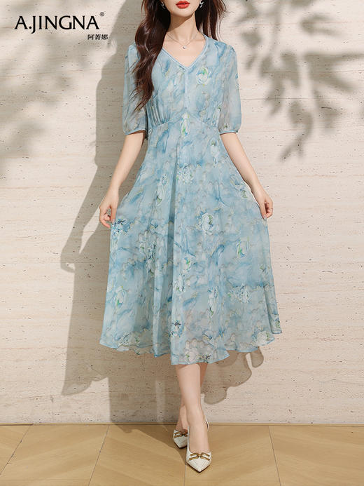 【清新淡雅】阿菁娜桑蚕丝轻盈印花V领五分袖连衣裙F30X212082 商品图0