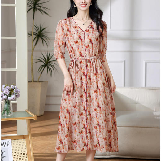 OSL 8566桑蚕丝连衣裙V领收腰气质A字裙 商品图1