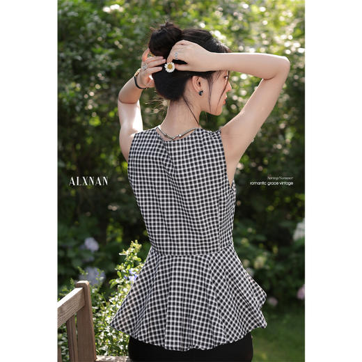 鹿向南「错位蕾丝」V领格子背心吊带女夏季褶皱收腰修身无袖上衣L56207 商品图4