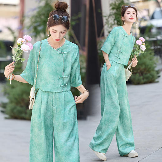新中式国风套装，轻奢气质复古盘扣时尚洋气阔腿裤两件套HR-YQH9235-1 商品图2