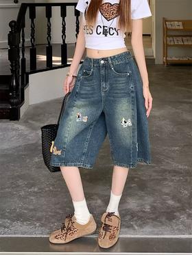 【GZ】无忧购美式复古设计感刺绣五分牛仔短裤女夏季宽松阔腿小个子直筒裤742（截单后3-5天发货）