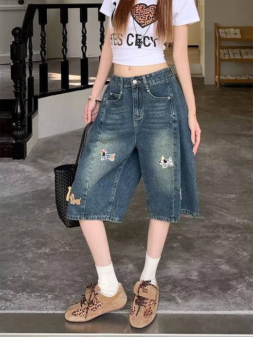 【GZ】无忧购美式复古设计感刺绣五分牛仔短裤女夏季宽松阔腿小个子直筒裤742（截单后3-5天发货） 商品图0