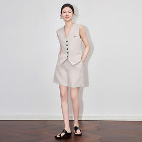 「高货wl」全新升级【铂金会员431/天猫579/差价148】(99509)洛诗琳高品质V领西装背心马甲休闲简约通勤亚麻两件套女