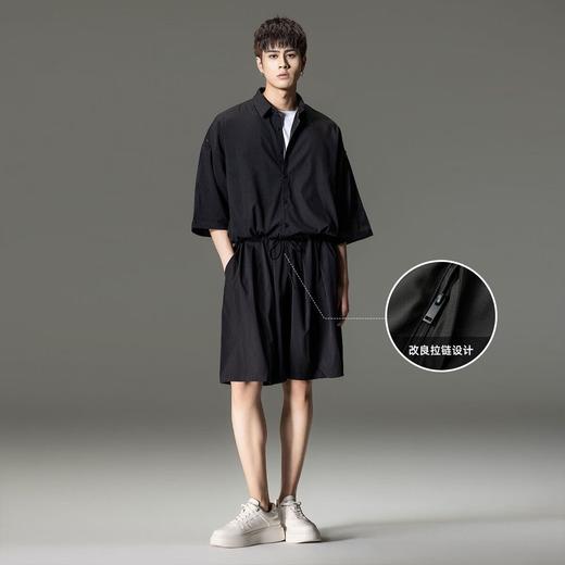 PINLI品立2025夏季新款暗黑系潮流男士宽松连体短裤纯色休闲套装B252117091 商品图1