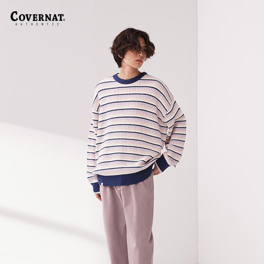 covernat2024春新品情侣款宽松套头针织衫减龄学院条纹CO2401KT05 商品图2