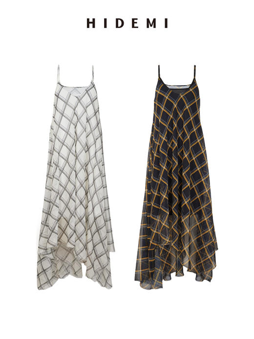 HIDEMI “我们做印花”原创手绘格纹清透薄纱缎设计感两件式防走光吊带连衣裙 商品图9