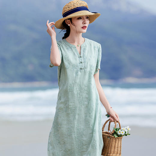 苎麻熊猫竹子，重工刺绣盘扣茶服连衣裙YM-S498 商品图1