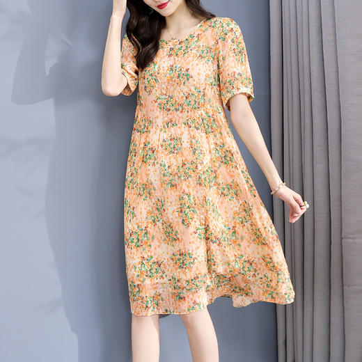 丁摩 繁花似锦雅致圆领印花收腰真丝双绉连衣裙74131 商品图2