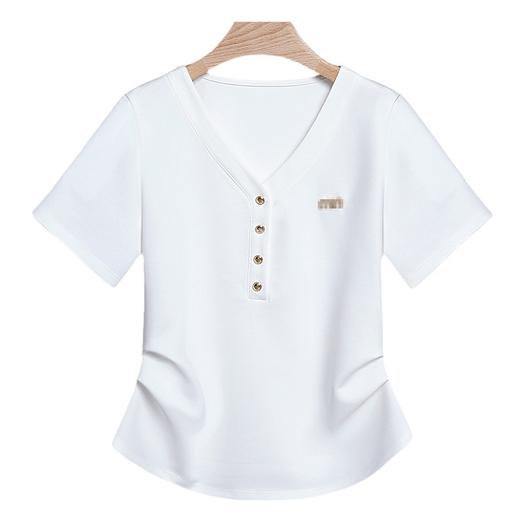 丁摩 白色女装夏季新款设计感V领不规则弧形下摆短袖t恤女半袖5ZF-R6683 商品图4