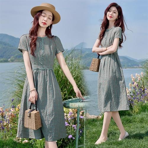 HR SYY2708蕾丝镶边秀气中长款格子连衣裙田园风休闲裙 商品图2