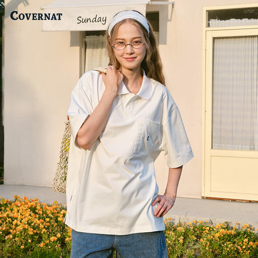 covernat韩国潮牌翻领短袖polo衫T恤简约男女情侣装休闲宽松上衣CO2302ST17 商品图2