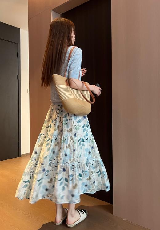 柔美清新2.5米用料天丝亚麻清新清爽印花松紧高腰半身裙 商品图7