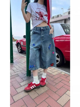 【GZ】无忧购趣味刺绣牛仔七分裤女夏季做旧水洗宽松直筒休闲百搭短裤6625不含挂件（截单后3-5天发货）