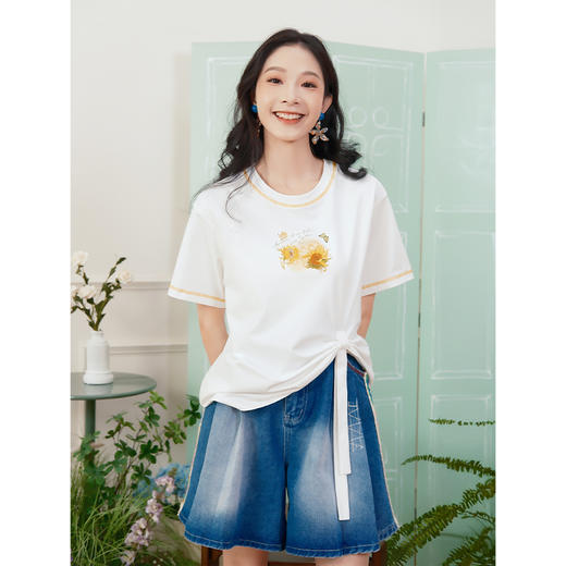 两三事梦葵独白梵高文艺2025夏新款向日葵印花扭结下摆短袖t恤女 商品图1
