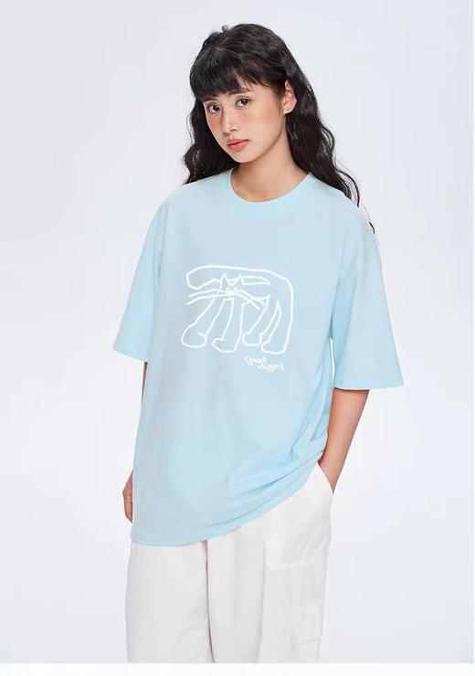 清仓价2025~情侣潮牌100%棉复古线条猫印花短袖T恤-喜出 商品图1