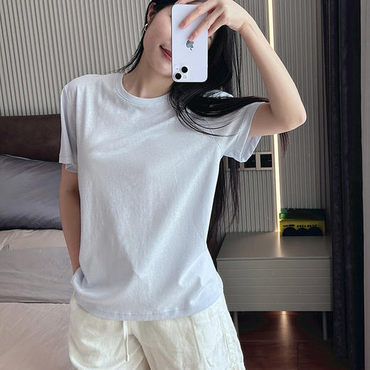 官网590！F家轻薄透气慵懒亚麻棉混纺短袖女 简约宽松显瘦圆领T恤居家打底上衣 商品图5