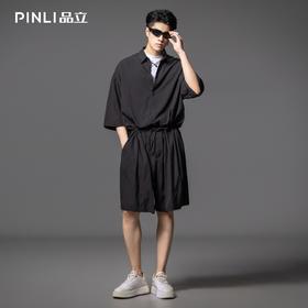 PINLI品立2025夏季新款暗黑系潮流男士宽松连体短裤纯色休闲套装B252117091