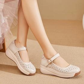 泉州女鞋 夏季真皮厚底镂空坡跟单鞋2518