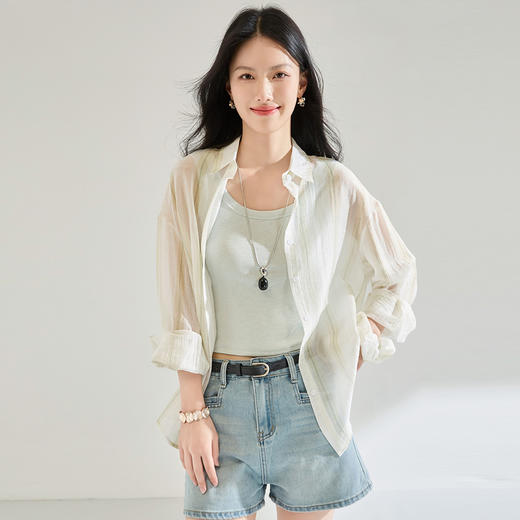 「高货sh」全新升级【铂金会员146/天猫199/差价53】(13436)洛诗琳天丝防晒条纹衬衫2025夏季宽松外搭薄款空调衫女 商品图1