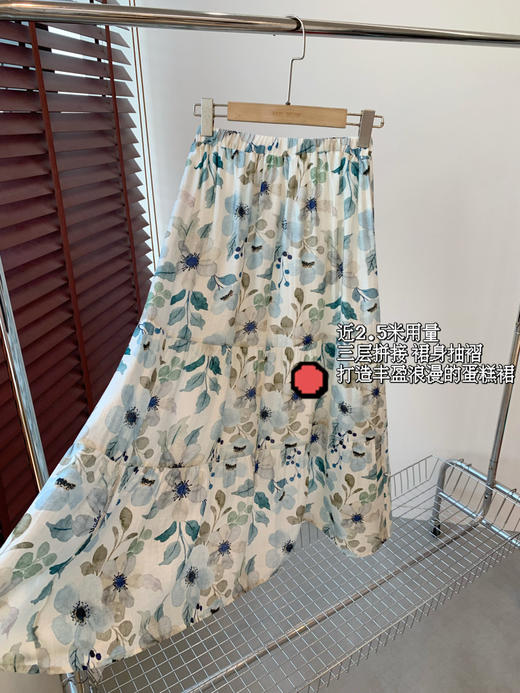 柔美清新2.5米用料天丝亚麻清新清爽印花松紧高腰半身裙 商品图14