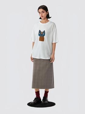 七夕福利-NO退~欧货品质-白色 猫咪卡通中长大版宽松短袖T恤-喜出