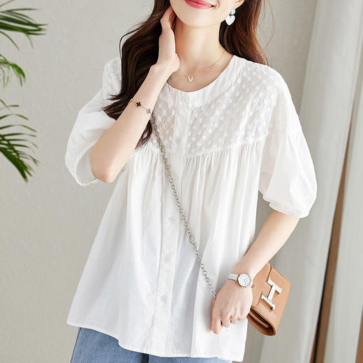 百媚生 100%棉圆领镂空绣花衬衫24004 商品图1