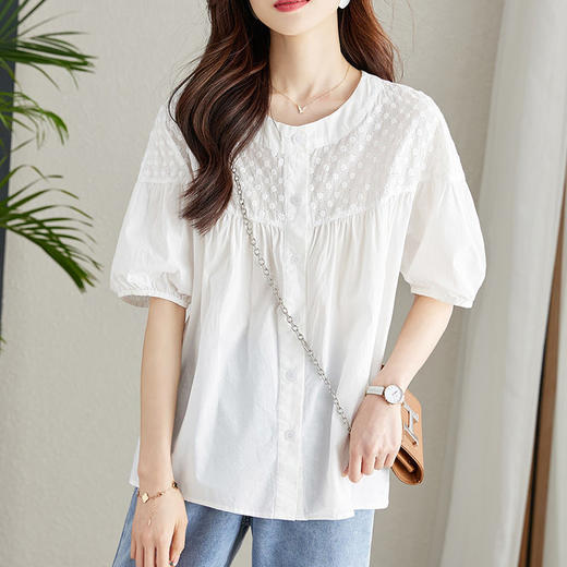 百媚生 100%棉圆领镂空绣花衬衫24004 商品图0