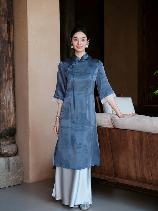 STJINGx凯喜雅| 千里江山穗禾旗袍连衣裙-青雀头黛 商品图0