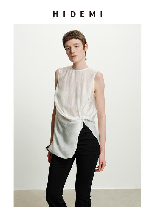HIDEMI度假系列褶皱花苞堆叠感圆领前后两穿式背心上衣 黑色/白色 商品图3