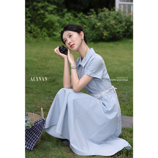 鹿向南「月亮湖畔」时尚翻领短袖连衣裙女夏季收腰蓝色通勤衬衫裙 商品图4