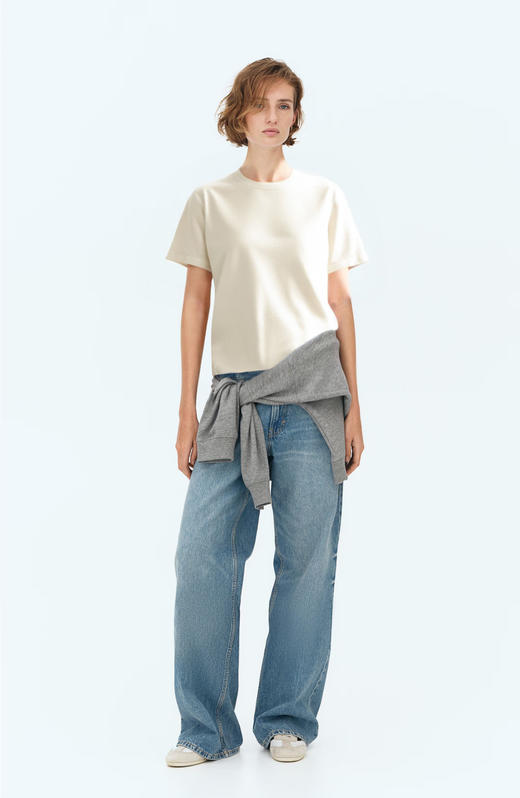 官网590！F家轻薄透气慵懒亚麻棉混纺短袖女 简约宽松显瘦圆领T恤居家打底上衣 商品图12