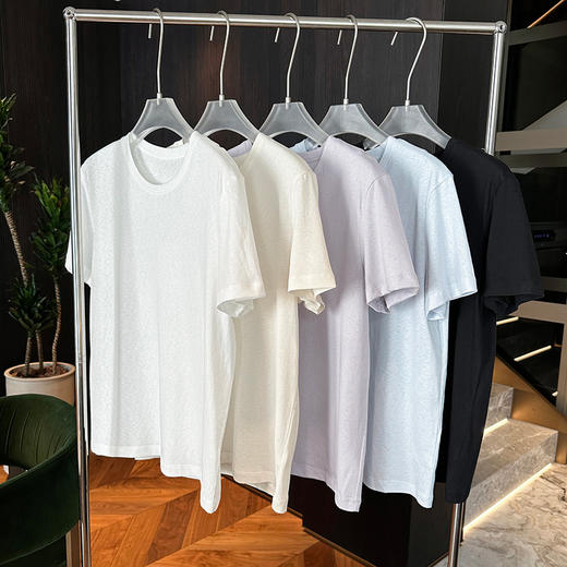 官网590！F家轻薄透气慵懒亚麻棉混纺短袖女 简约宽松显瘦圆领T恤居家打底上衣 商品图0