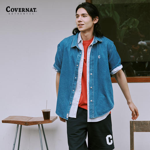 covernat韩国潮牌牛仔短袖衬衫男女情侣潮流时尚休闲翻领上衣夏新CO2402SS03 商品图1