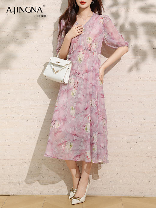 【清新淡雅】阿菁娜桑蚕丝轻盈印花V领五分袖连衣裙F30X212082 商品图3