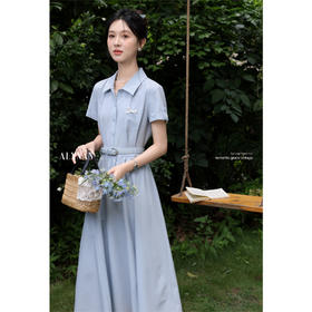 鹿向南「月亮湖畔」时尚翻领短袖连衣裙女夏季收腰蓝色通勤衬衫裙