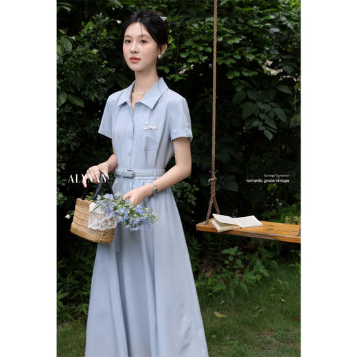 鹿向南「月亮湖畔」时尚翻领短袖连衣裙女夏季收腰蓝色通勤衬衫裙 商品图0