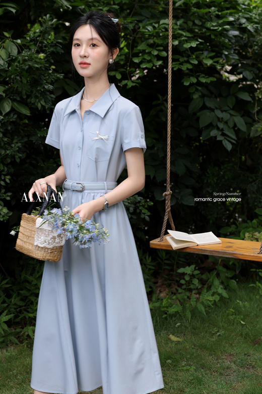 鹿向南「月亮湖畔」时尚翻领短袖连衣裙女夏季收腰蓝色通勤衬衫裙 商品图5