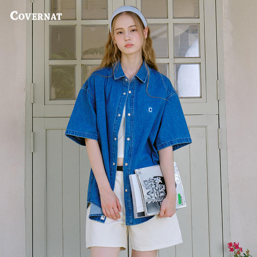 covernat韩国潮牌男牛仔短袖潮流衬衫休闲翻领百搭衬衫新CO2402SS03 商品图2