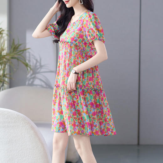 丁摩 真丝连衣裙女100%桑蚕丝女装高级感遮肚子韩版红色碎花裙5ZF- 69518 商品图1