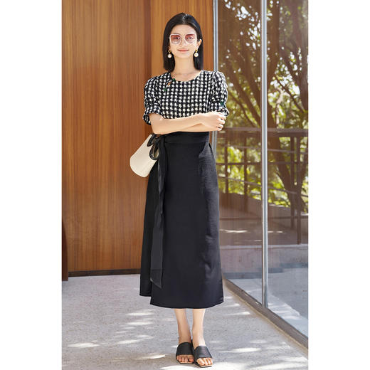 剩M/L/XL 【含桑蚕丝】中式风盘口千鸟格衬衫气质开叉半裙两件套女夏装3913 商品图4