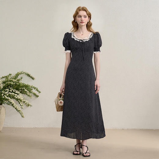 【限时秒杀】西遇法式泡泡袖连衣裙女夏季新款蕾丝花边修身收腰网纱长裙SS050571 商品图7