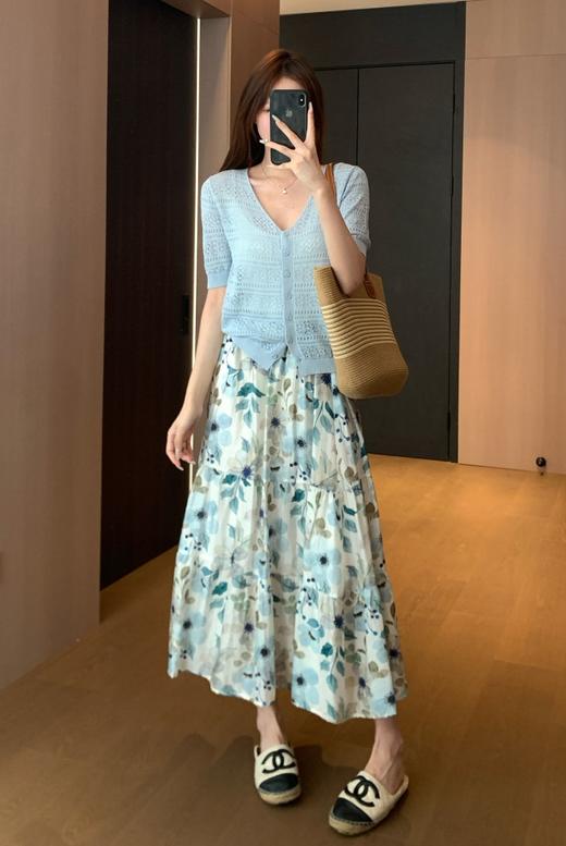 柔美清新2.5米用料天丝亚麻清新清爽印花松紧高腰半身裙 商品图5