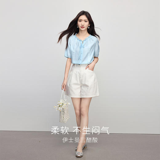 【周末秒杀】熙世界三醋酸衬衫短袖女夏季2025新款法式花边上衣高级感蓝色小衫 商品图2